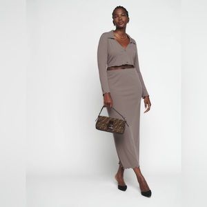 Reformation Helen Knit Top and Skirt Set in size M in Taupe/Purple
